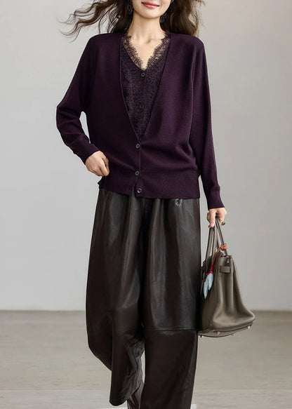 Dame Cardigan V-hals Patchwork Strik Efterår 2