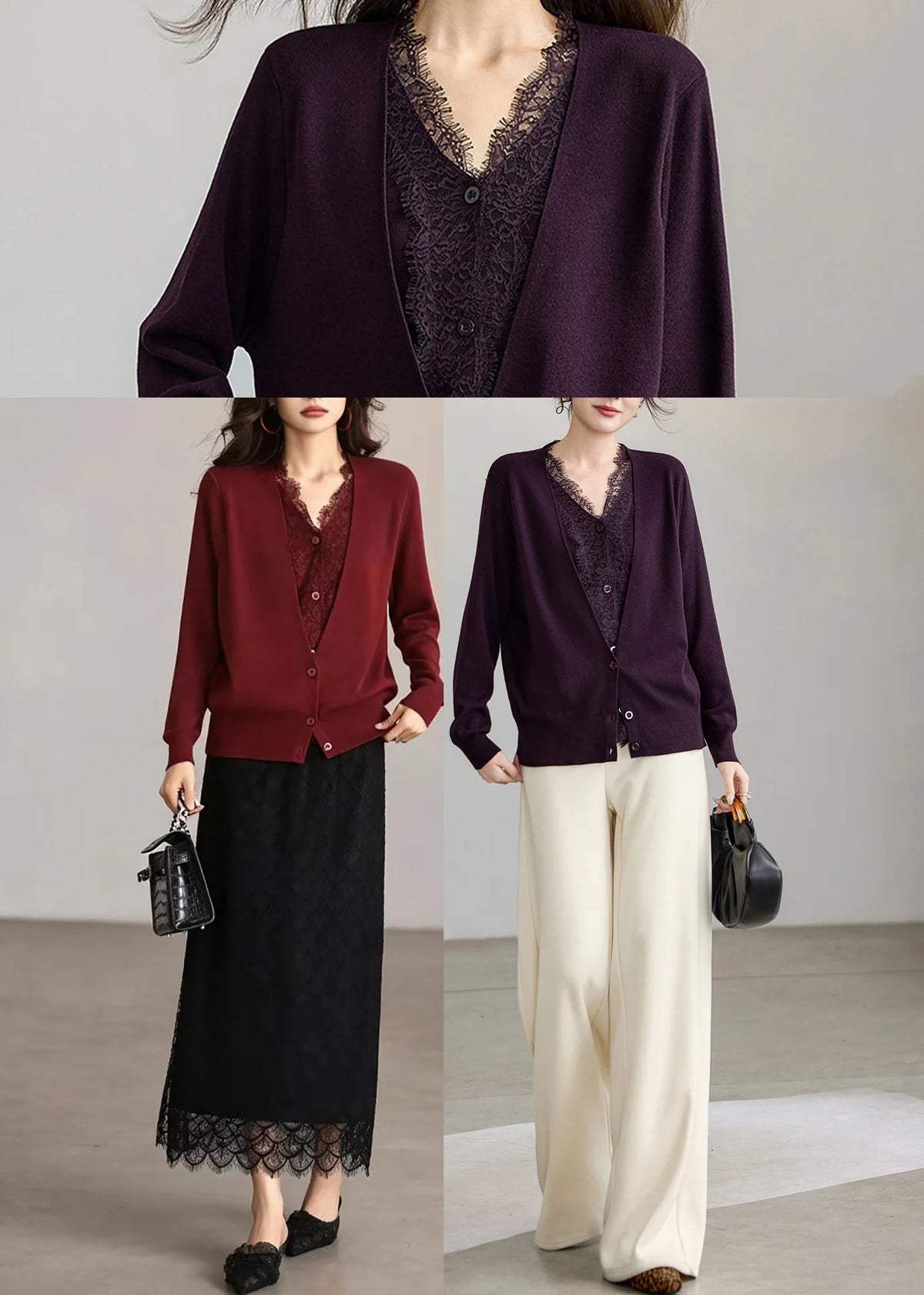 Dame Cardigan V-hals Patchwork Strik Efterår 4