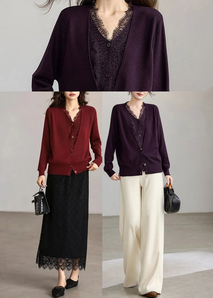 Dame Cardigan V-hals Patchwork Strik Efterår 4