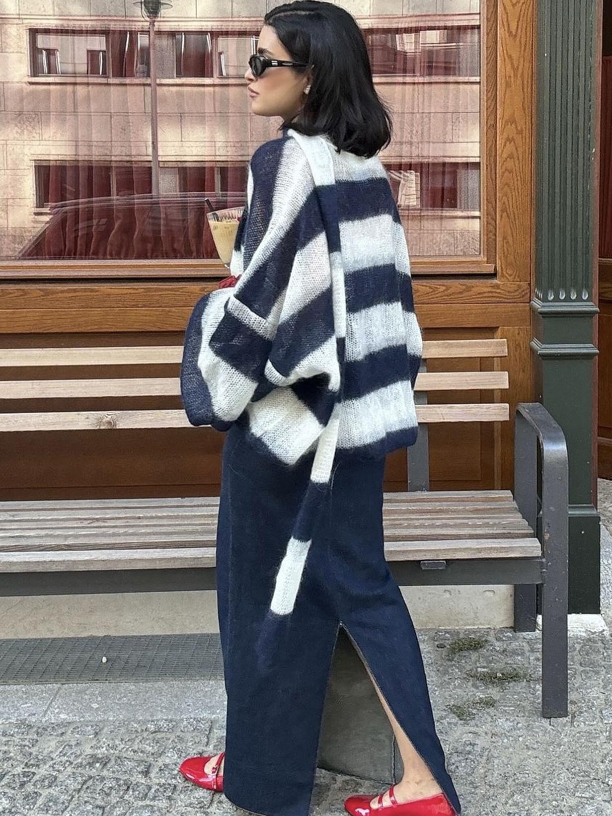 Dame Cardigan med Striber og Tørklæde 4