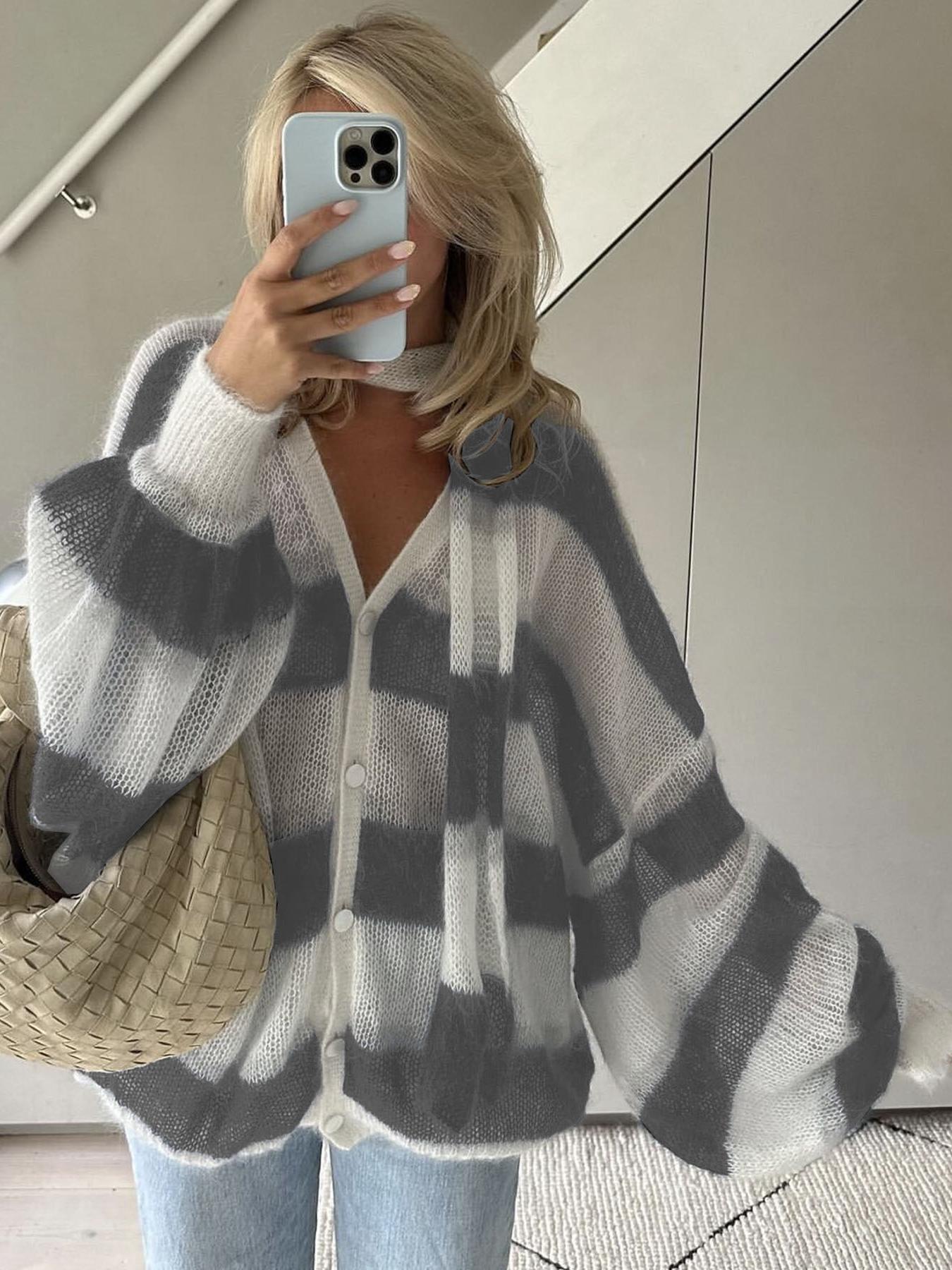 Dame Cardigan med Striber og Tørklæde 5