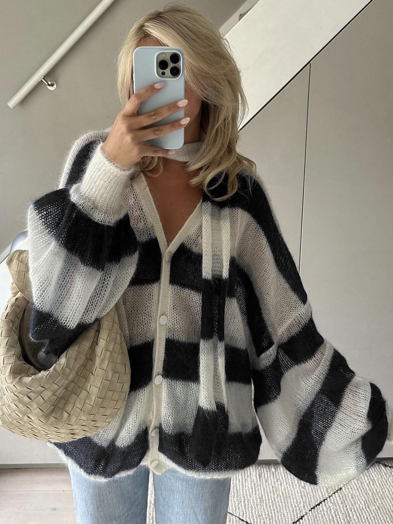 Dame Cardigan med Striber og Tørklæde 7