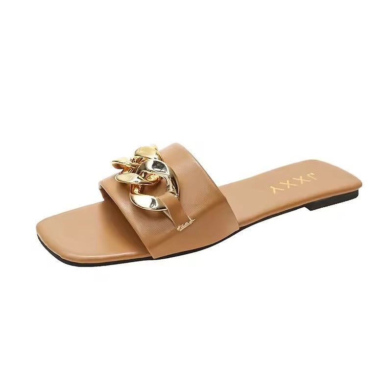 Dame Chunky Chain Link Flats Firkantede Tåer 0