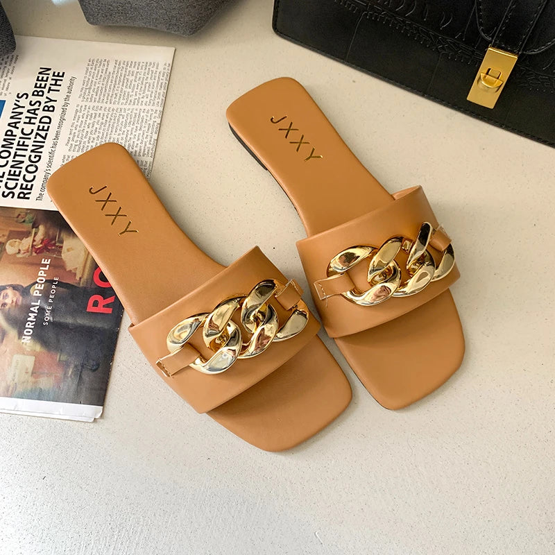 Dame Chunky Chain Link Flats Firkantede Tåer 5
