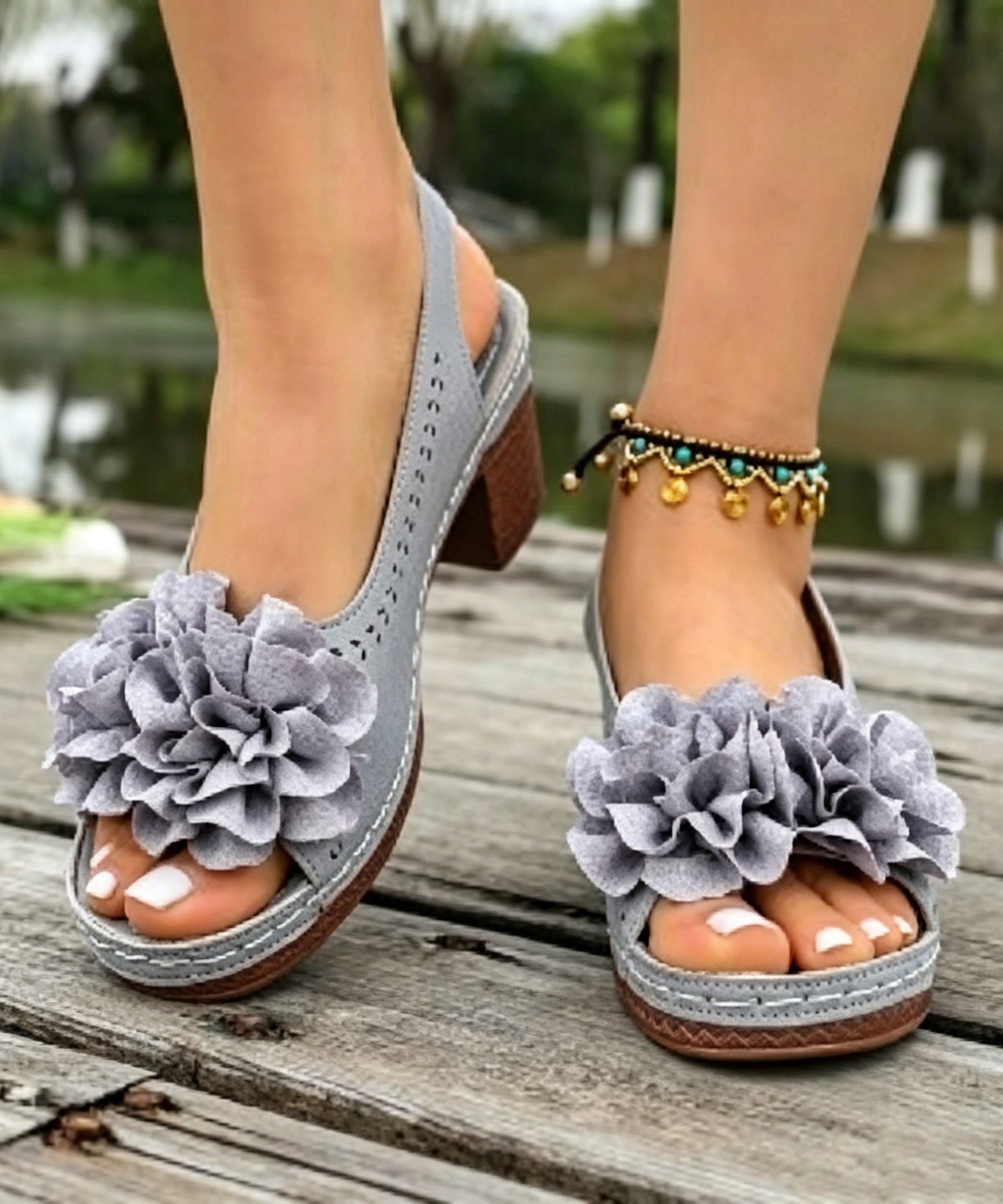 Dame Chunky Sandaler med Blomsterdesign 3