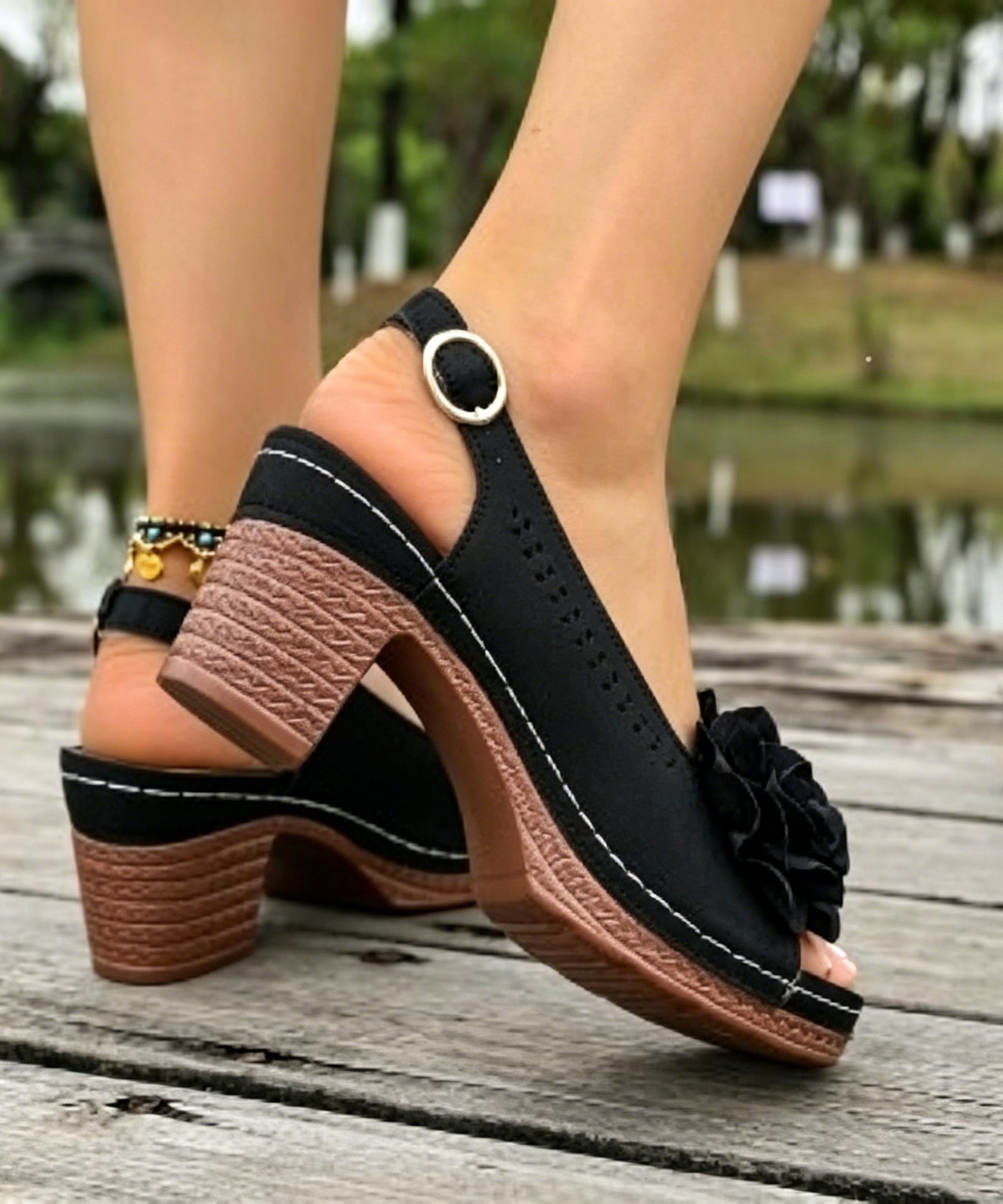 Dame Chunky Sandaler med Blomsterdesign 4