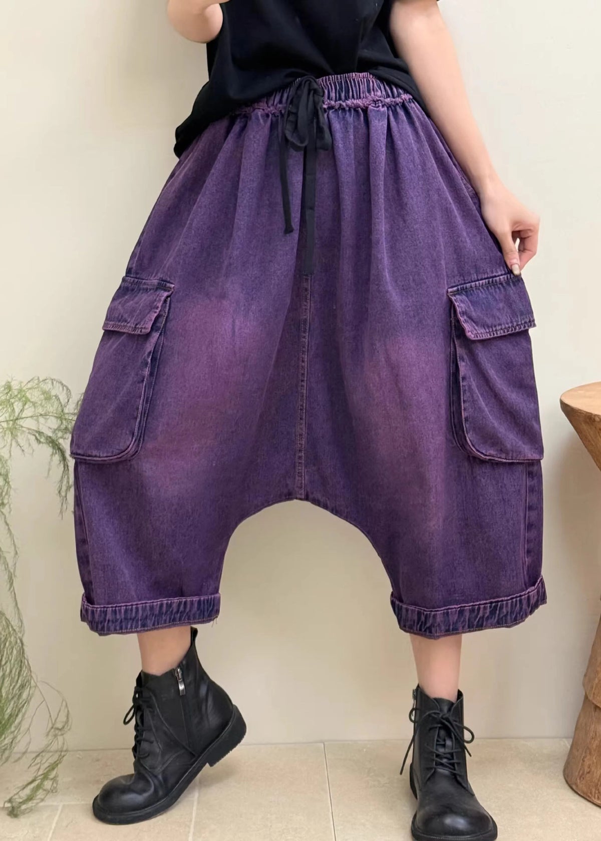 Dame Crop Bukser Patchwork Design Med Elastisk Talje 1