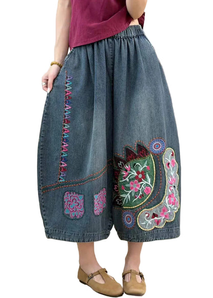 Dame Crop Jeans Med Broderi og Elastisk Talje 0