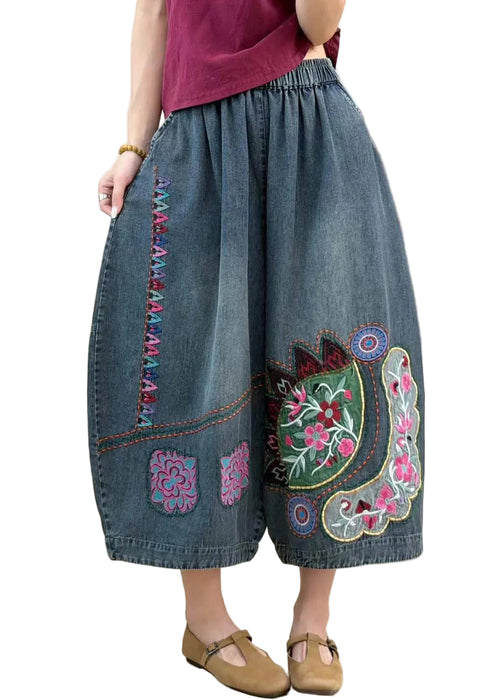 Dame Crop Jeans Med Broderi og Elastisk Talje 0