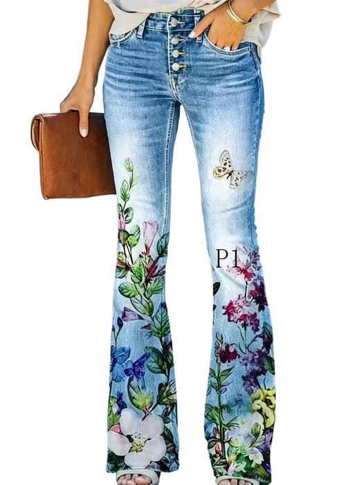 Dame Denim Flare Bukser Højtaljede Moderne Print 0