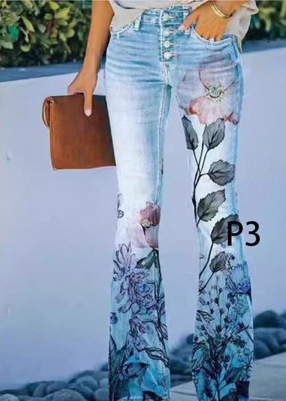 Dame Denim Flare Bukser Højtaljede Moderne Print 2