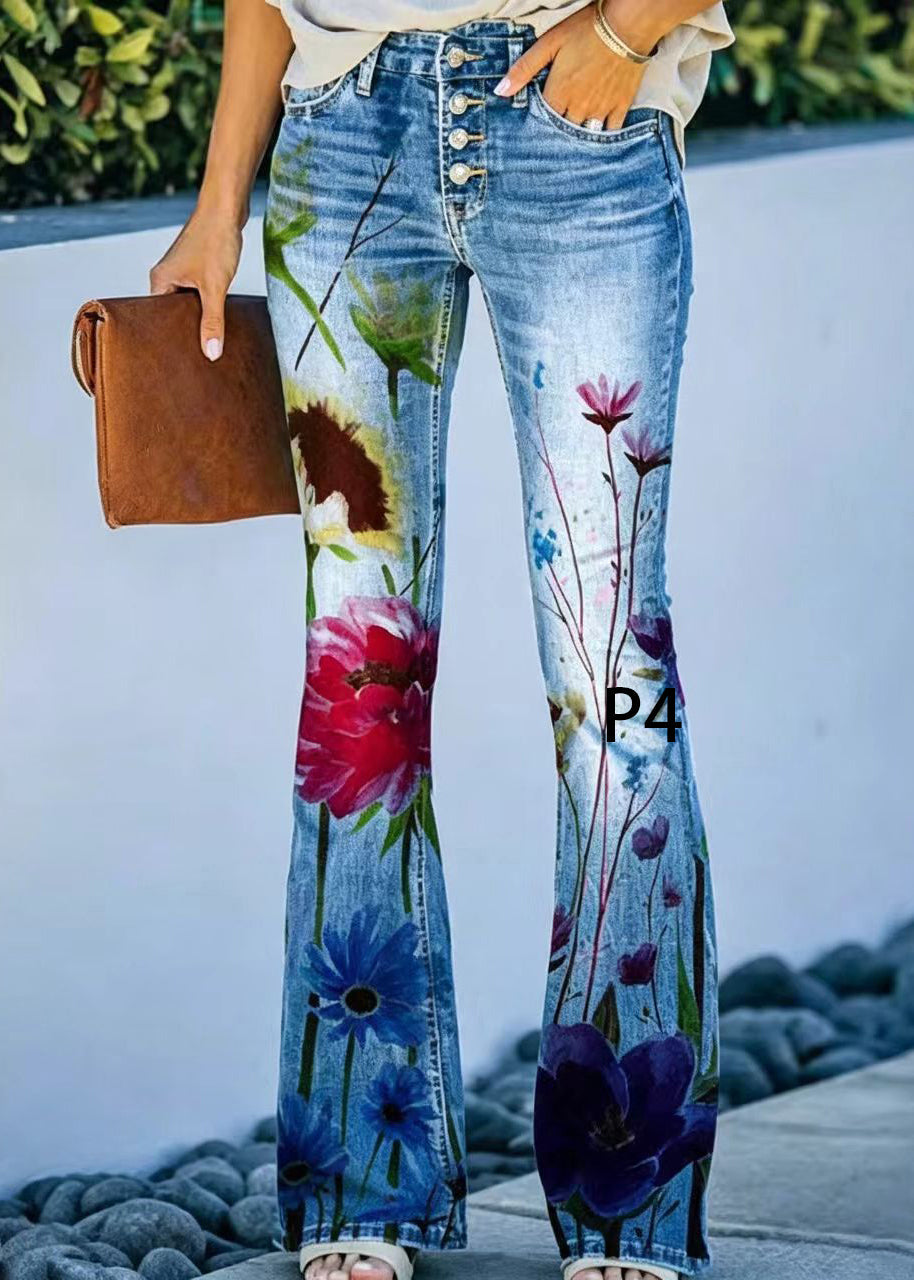 Dame Denim Flare Bukser Højtaljede Moderne Print 3