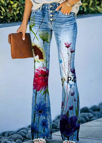 Dame Denim Flare Bukser Højtaljede Moderne Print 3