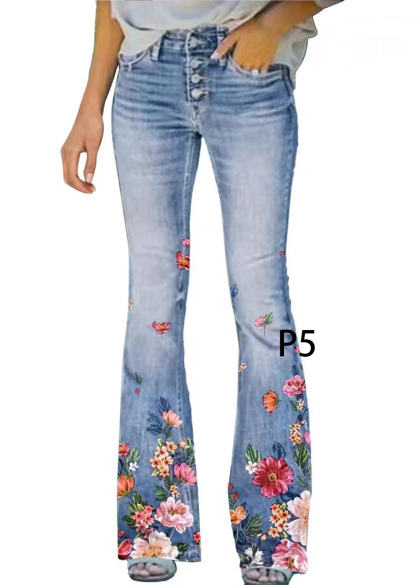 Dame Denim Flare Bukser Højtaljede Moderne Print 4