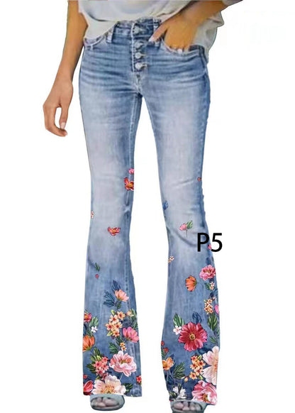 Dame Denim Flare Bukser Højtaljede Moderne Print 4