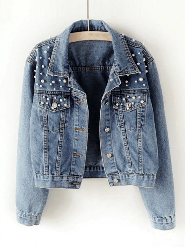 Dame Denim Jakke Oversize Med Knaplommer Og Rhinestone Detaljer 0