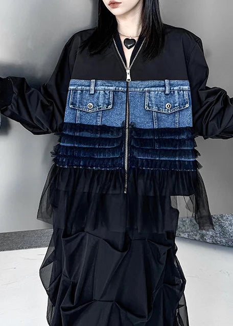 Dame Denim Jakke Oversized Patchwork Design 0
