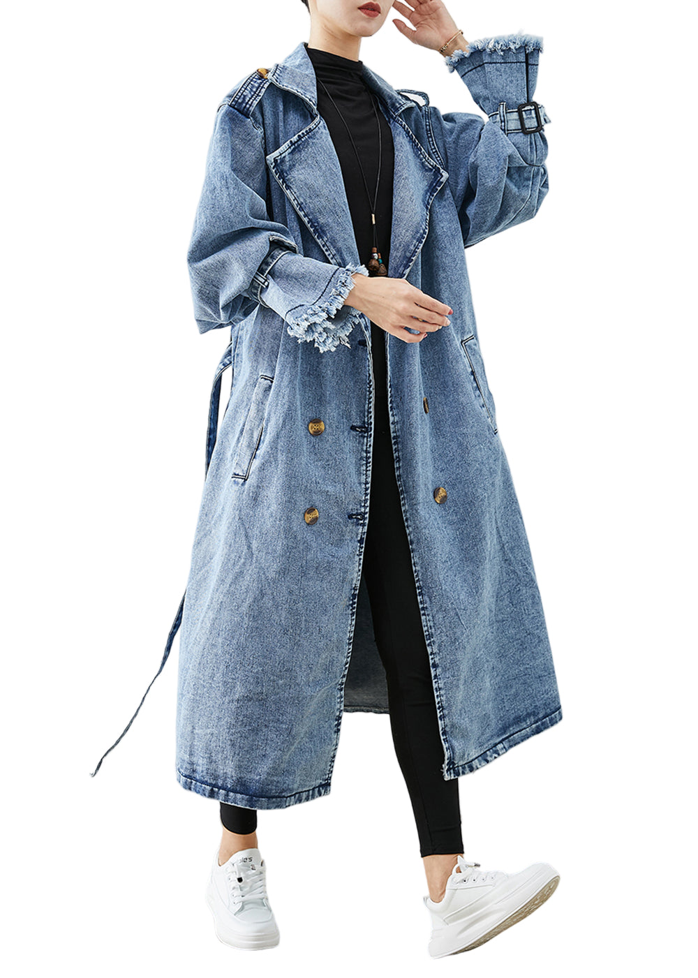 Dame Denim Trenchcoat med Revers 0
