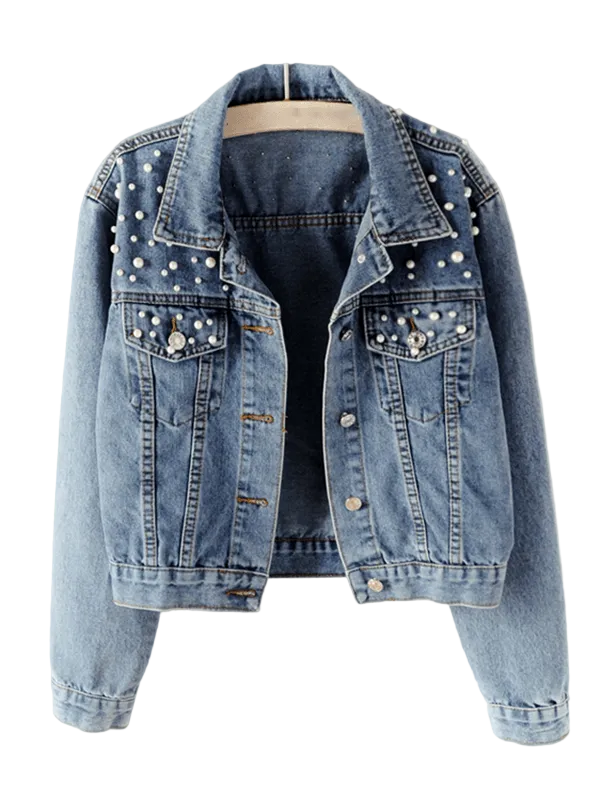 Dame Denimjakke med Rhinestone Detaljer 0