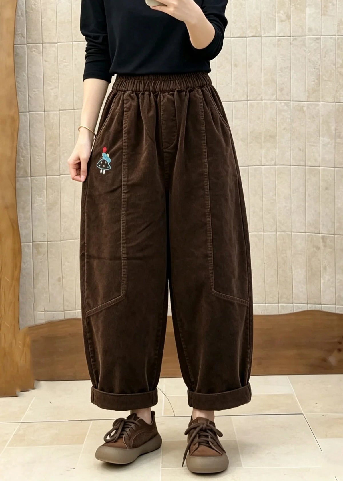 Dame Fløjlsbukser Patchwork Med Elastisk Talje 2