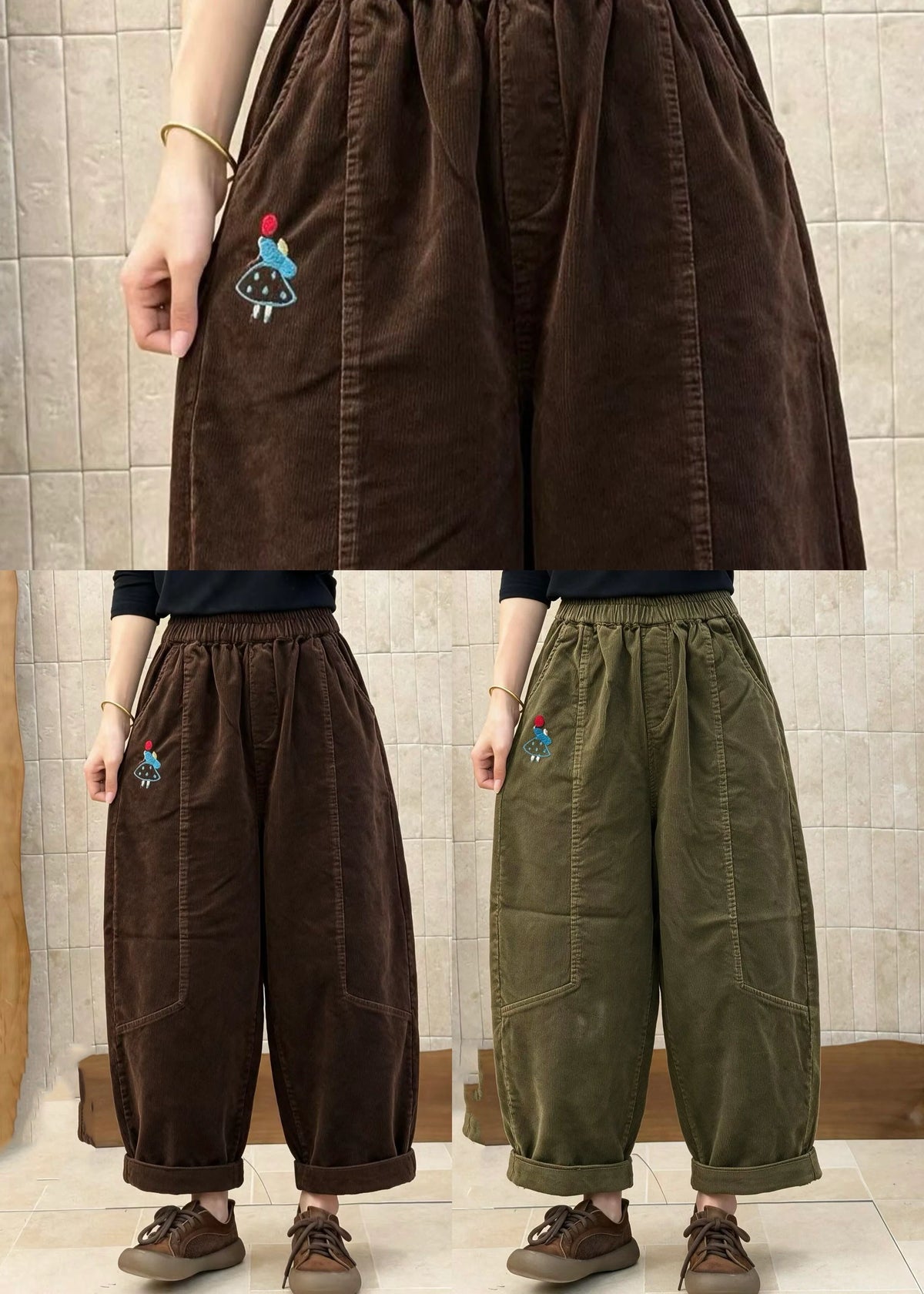 Dame Fløjlsbukser Patchwork Med Elastisk Talje 4