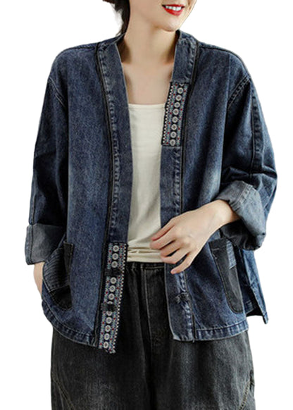 Dame Frakke Med Broderede Lommer Patchwork Design 0