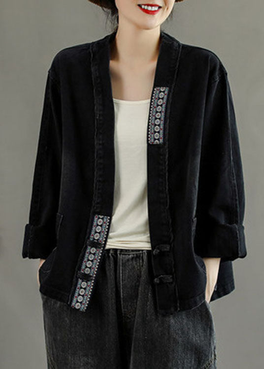 Dame Frakke Med Broderede Lommer Patchwork Design 1