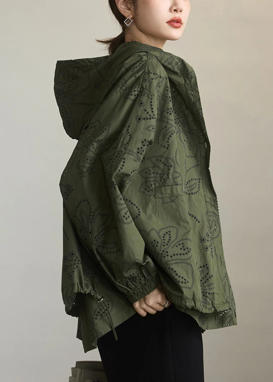 Dame Hættetrøje Army Grøn Plus Size Med Snørelukning 3