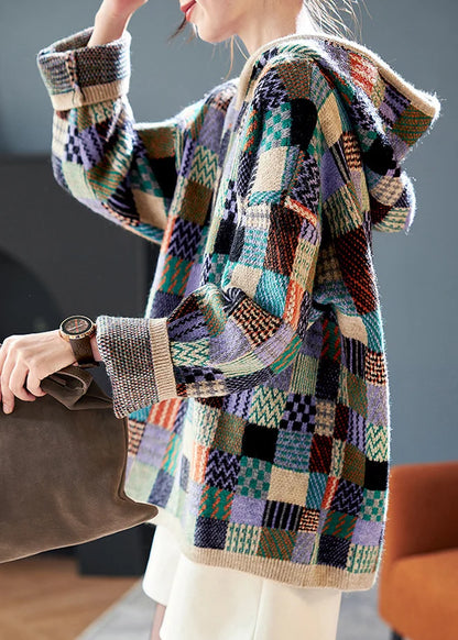 Dame Hættetrøje Colorblock med Ternet Strik Design 2