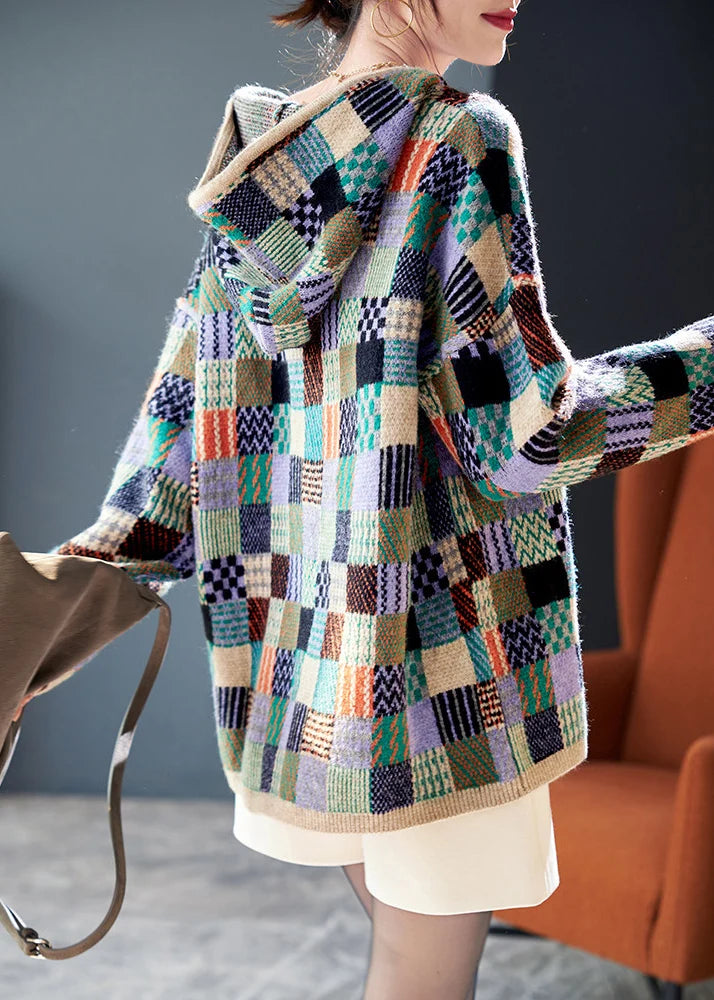 Dame Hættetrøje Colorblock med Ternet Strik Design 3
