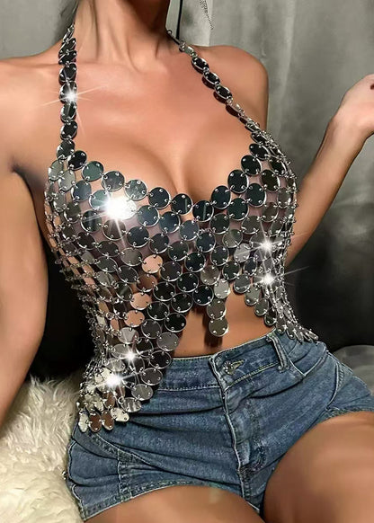 Dame Halter Top Med Pailletter Rygløs Ærmeløs Stil 2