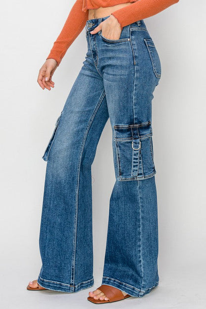 Dame Jeans Høj Talje Cargo Lommer Bred Denim 3