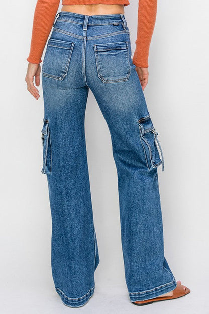 Dame Jeans Høj Talje Cargo Lommer Bred Denim 4