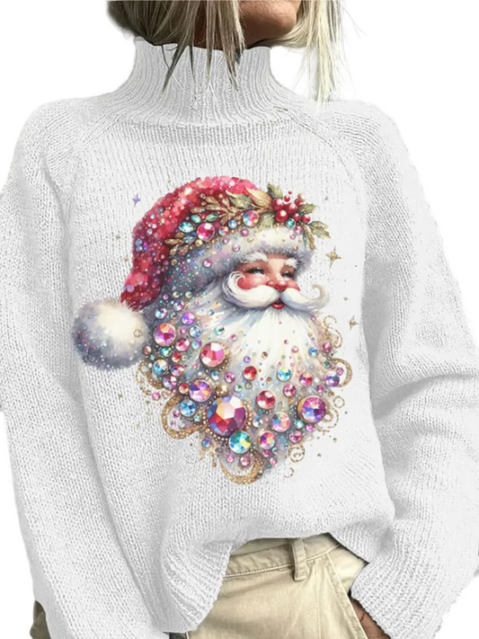 Dame Julesweater med Festligt Julemotiv og Høj Krave 0