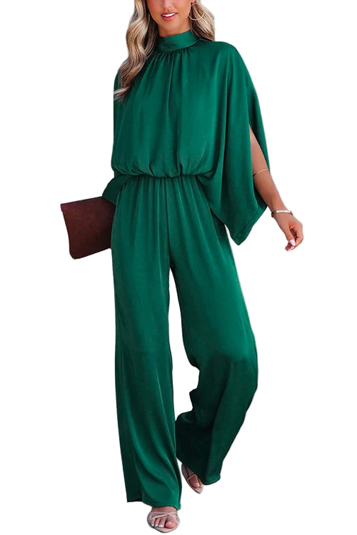 Dame Jumpsuit med Standkrave og Slidsærmer, Bred Benåbning, Taljeret Design 0