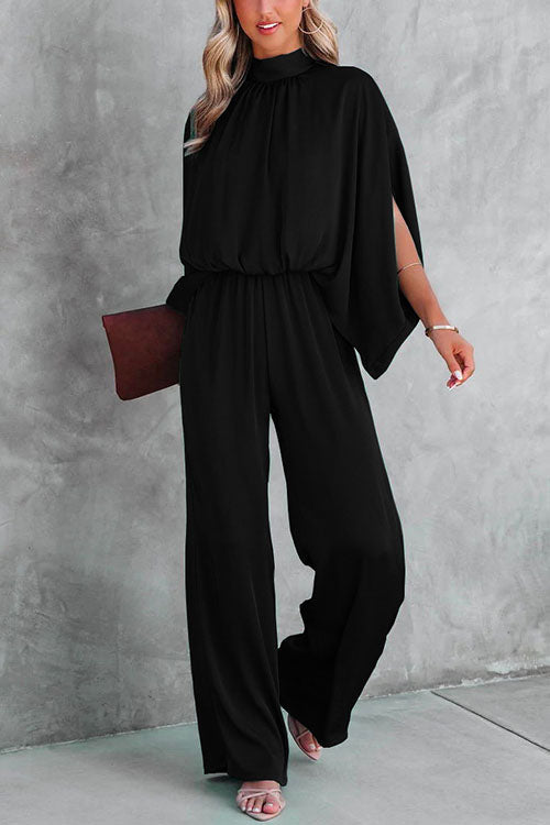 Dame Jumpsuit med Standkrave og Slidsærmer, Bred Benåbning, Taljeret Design 1