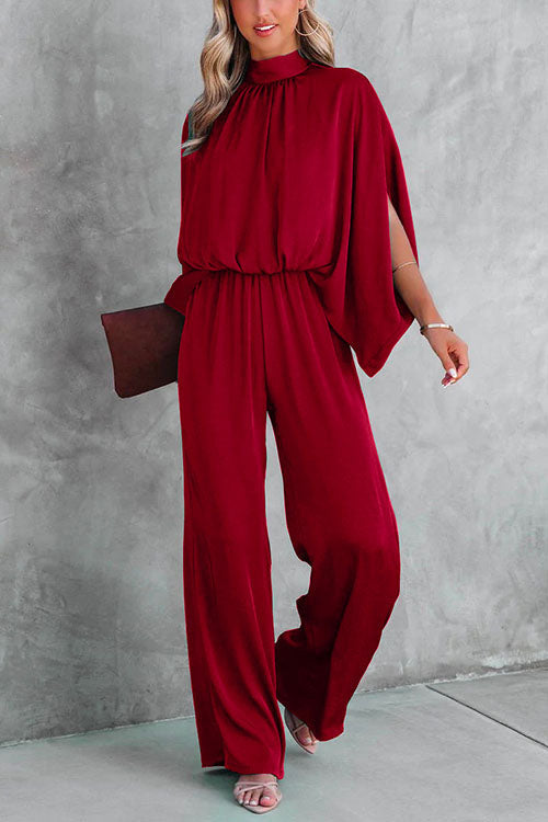 Dame Jumpsuit med Standkrave og Slidsærmer, Bred Benåbning, Taljeret Design 2