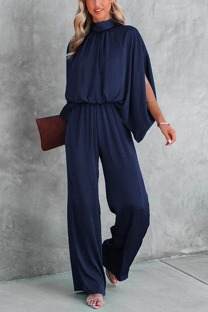 Dame Jumpsuit med Standkrave og Slidsærmer, Bred Benåbning, Taljeret Design 3