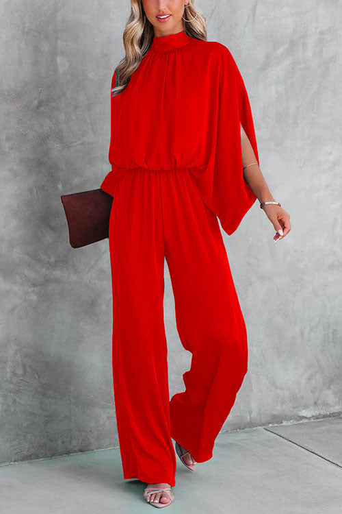Dame Jumpsuit med Standkrave og Slidsærmer, Bred Benåbning, Taljeret Design 4