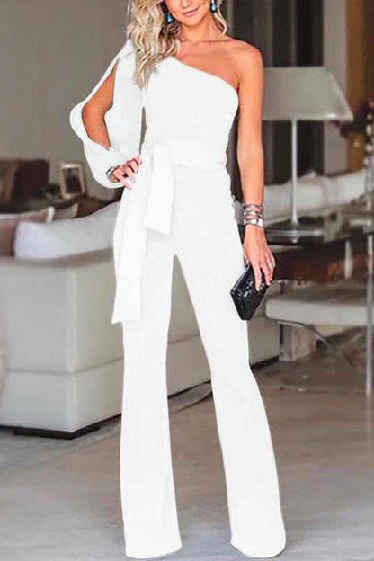 Dame Jumpsuit med Unik Skulder og Bindeknude Moderne Stil 1