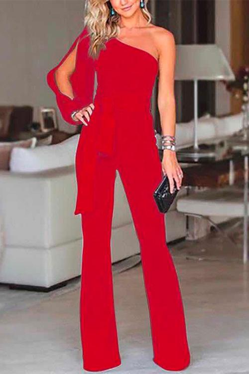 Dame Jumpsuit med Unik Skulder og Bindeknude Moderne Stil 3