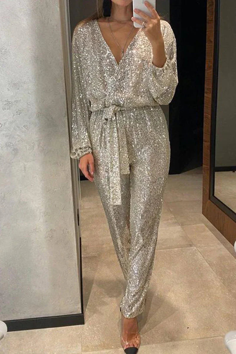 Dame Jumpsuit med V-hals og Pailletter 4