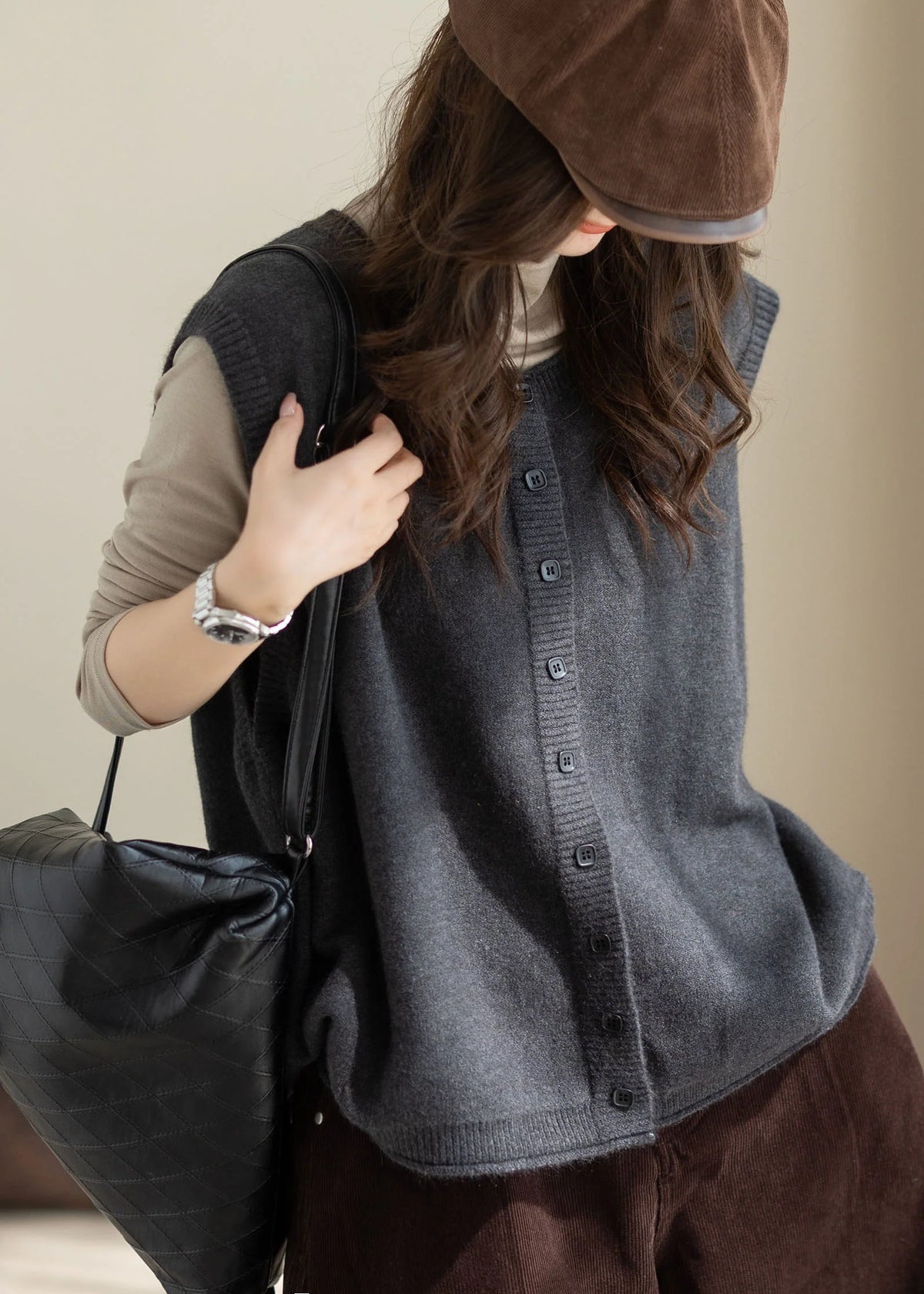 Dame Kort Vintervest Oversized Med Knapper 1