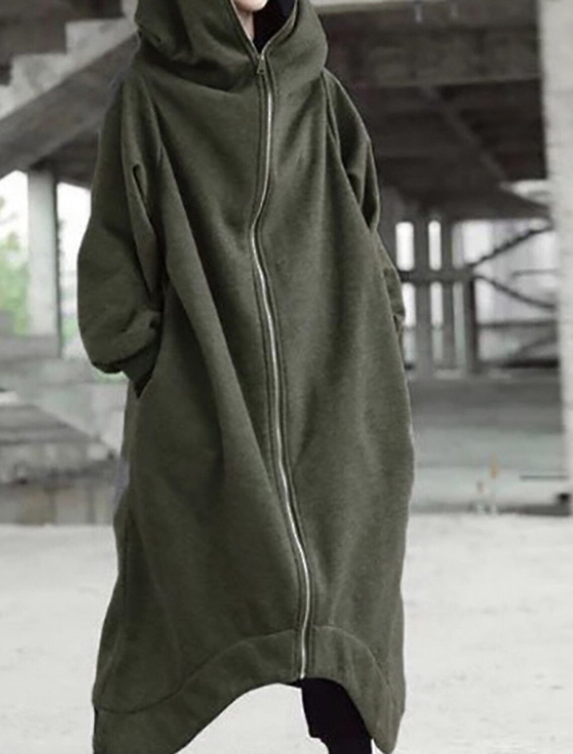 Dame Lang Vinterjakke Med Hætte Urban Stil 5