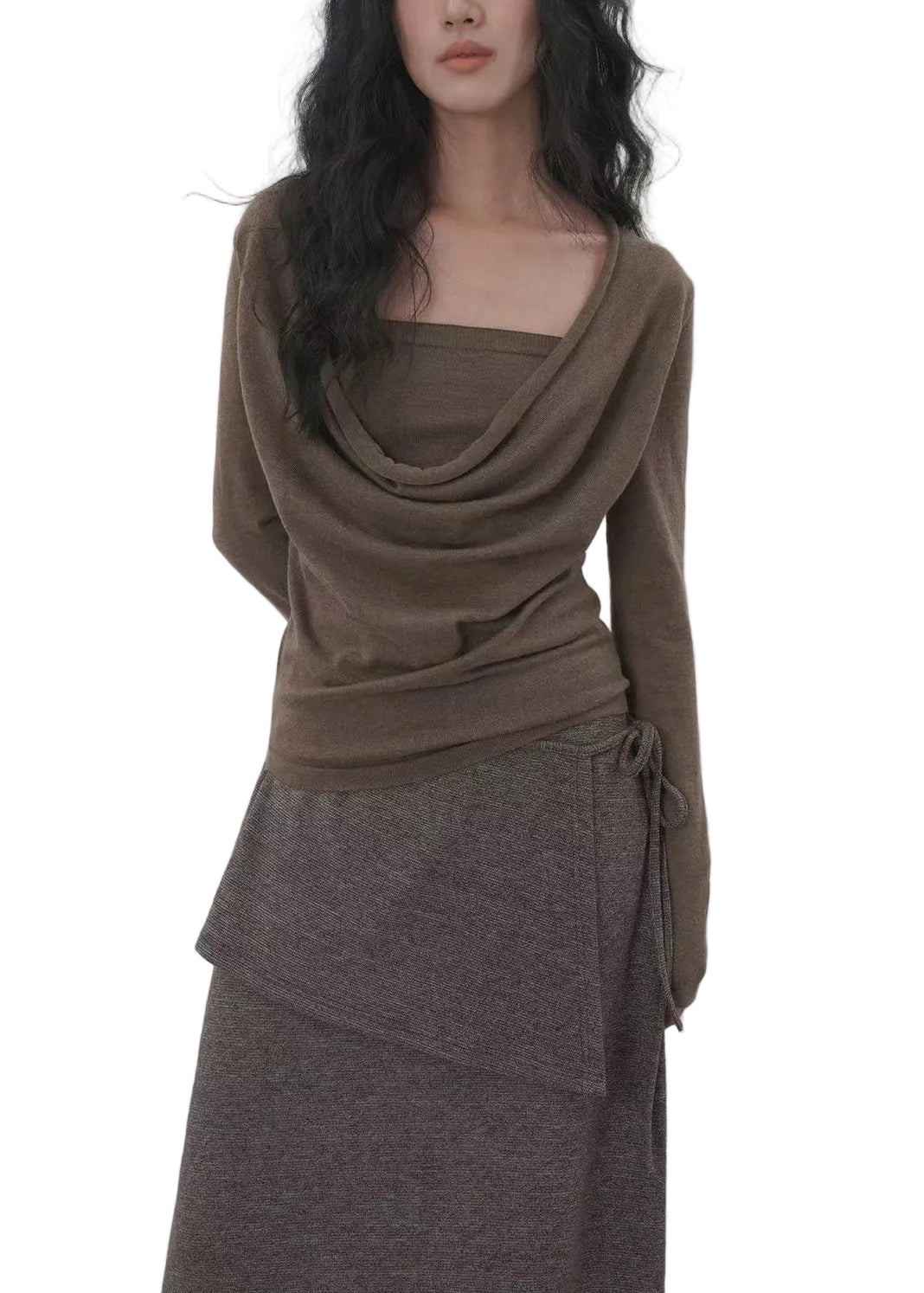 Dame Langærmet Cowl-Neck Skjorte med Falsk To-delt Design 0