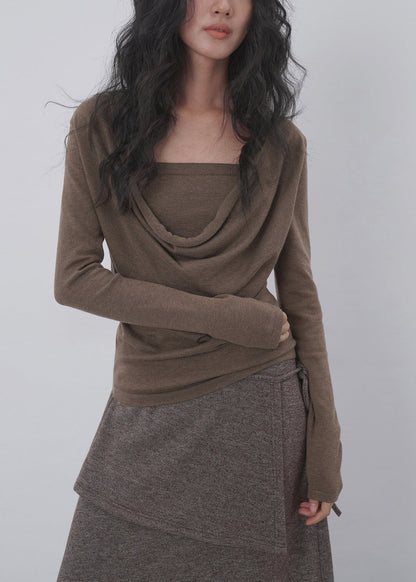 Dame Langærmet Cowl-Neck Skjorte med Falsk To-delt Design 2