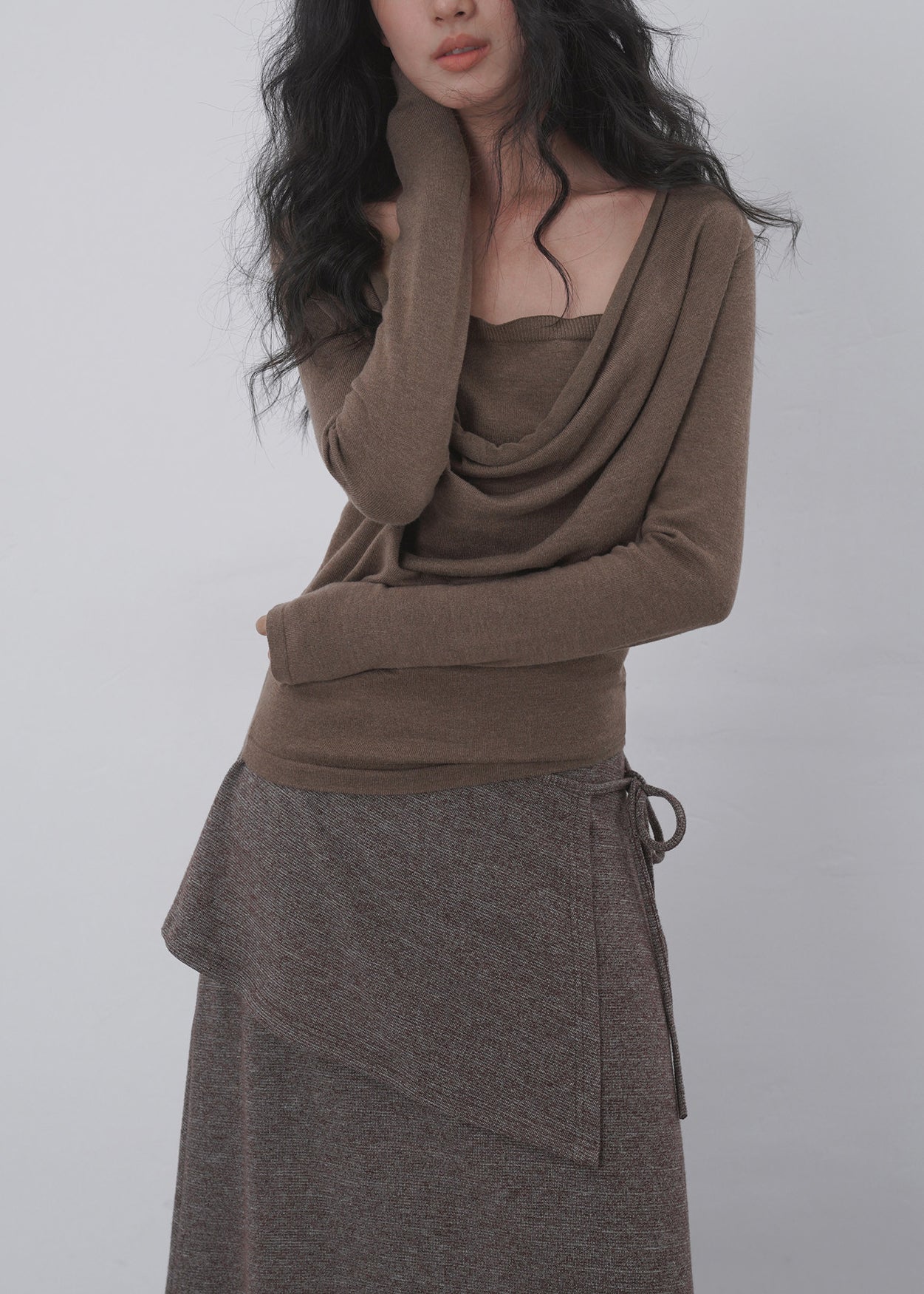 Dame Langærmet Cowl-Neck Skjorte med Falsk To-delt Design 3