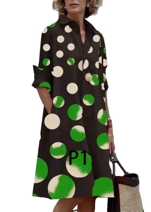 Dame Langærmet Kjole med Peter Pan Krave og Prikket Mønster 0