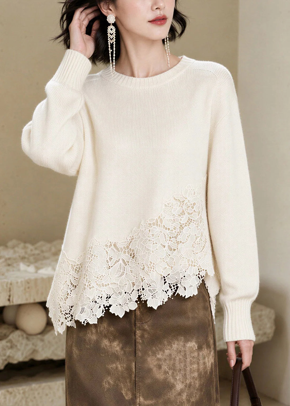 Dame Langærmet O-hals Striktrøje Casual 1