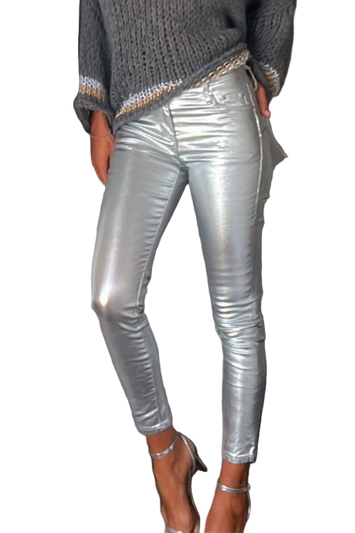 Dame Leggings Med Lommer I Imiteret Læder Tætsiddende Stil 0